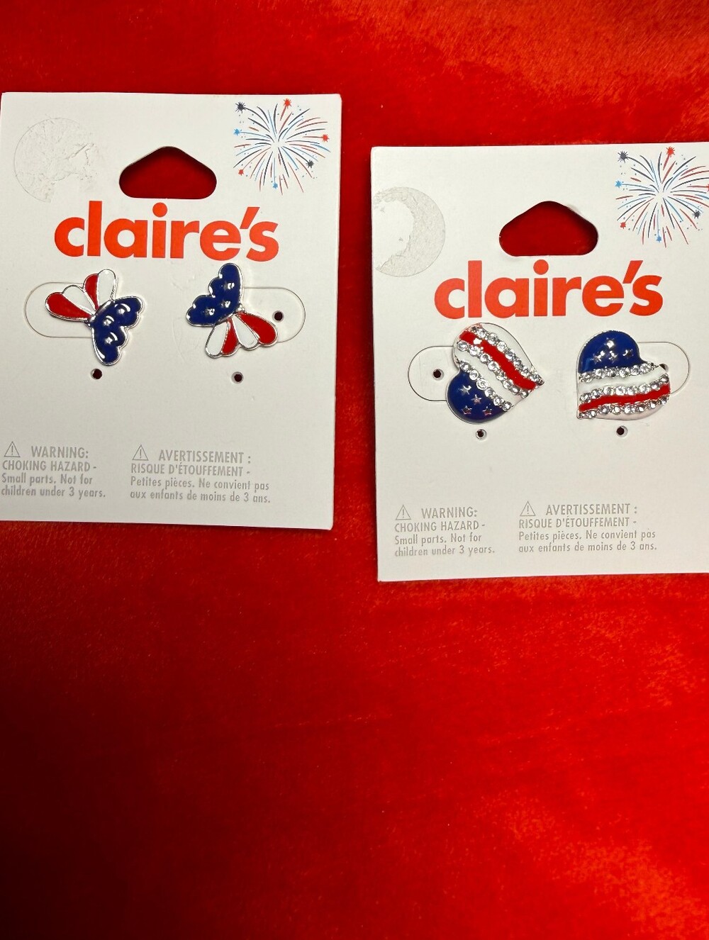 Claire's Kids Patriotic Red White Blue Earrings - Heart & Butterfly Set